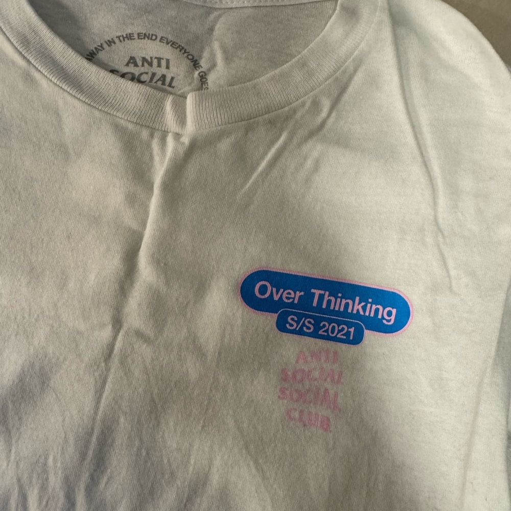 Anti Social Social Club White Tee with Blue 'Over Thinking' Graphic - Picture 2 of 3
